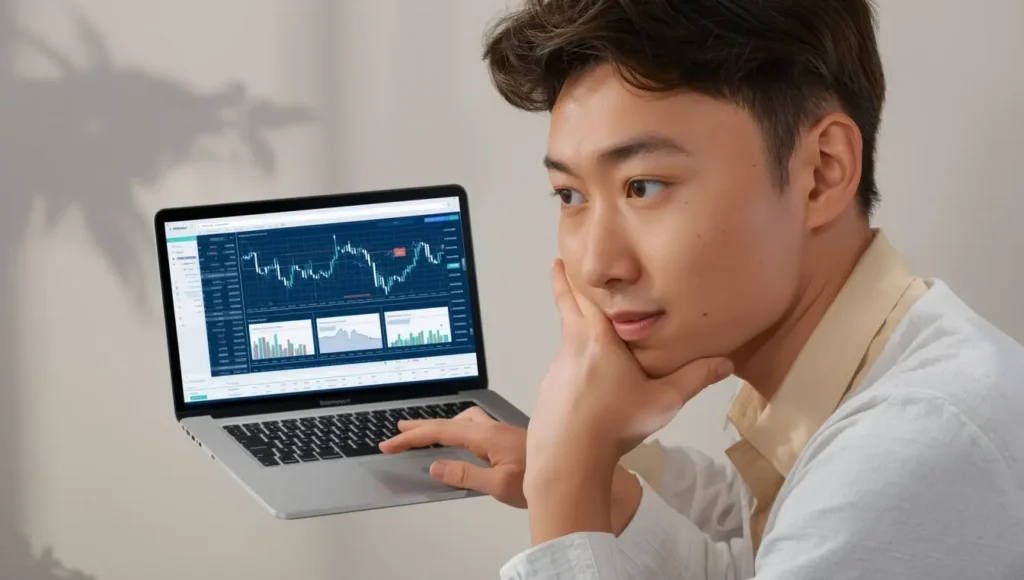 Beginner reviewing Invest1Now.com Stocks dashboard on laptop