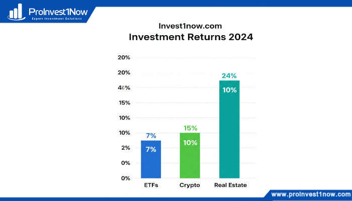 Chart showing 2024 returns for Invest1now.com best investments, including ETFs and crypto