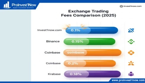 Horizontal chart comparing 2025 fees for Invest1now.com Cryptocurrency vs. Binance, Coinbase, Kraken.
