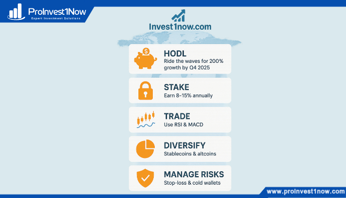 Horizontal infographic of 2025 Invest1now.com cryptocurrency strategies hodl staking, trading