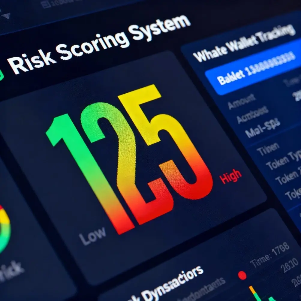 Invest1Now Risk Scoring System dashboard displaying a score of 125 alongside Whale Wallet Tracking metrics for crypto portfolio analysis. 